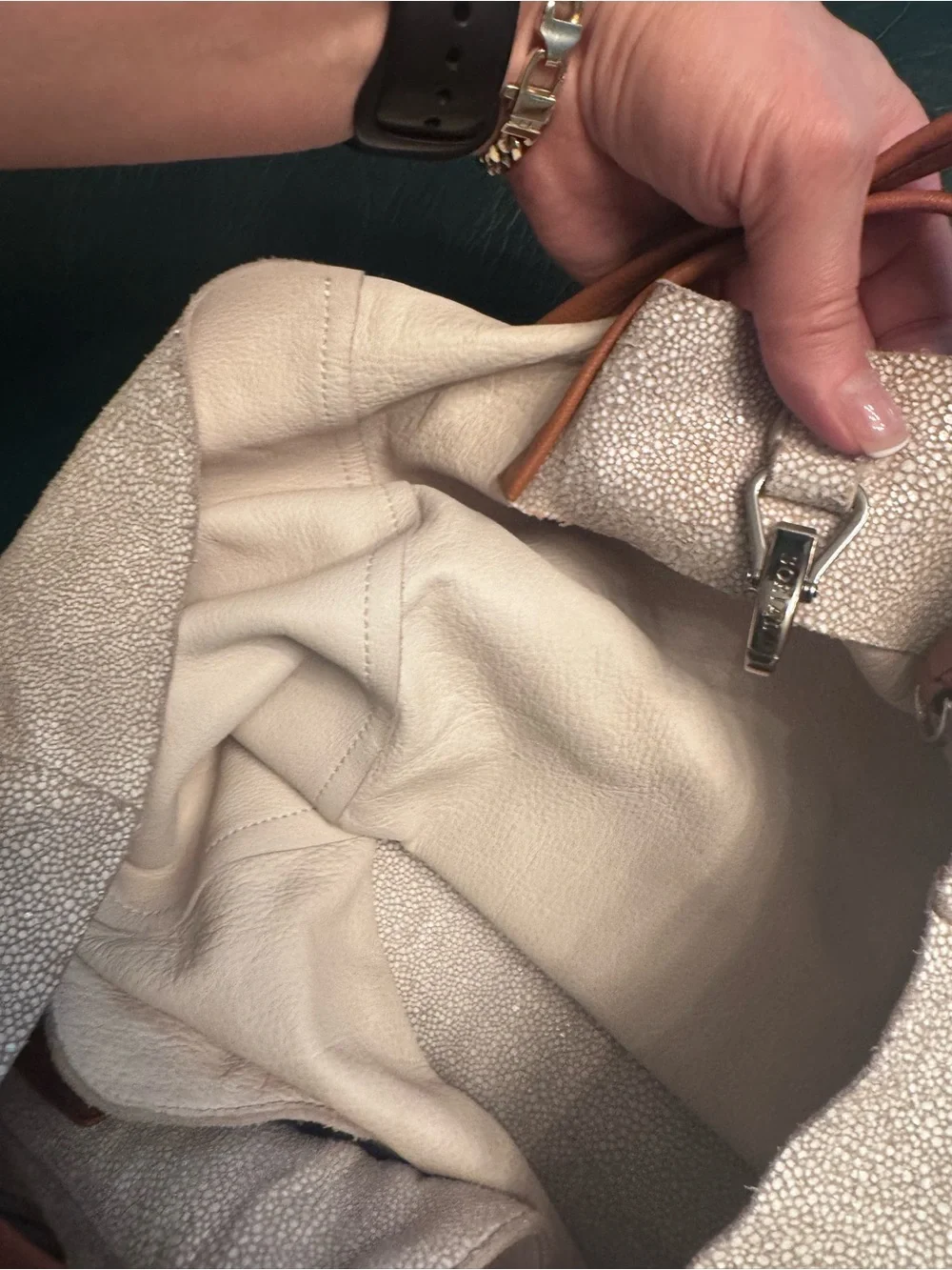 White and Silver Shimmery Textured Leather Tote Bag with Brown Straps